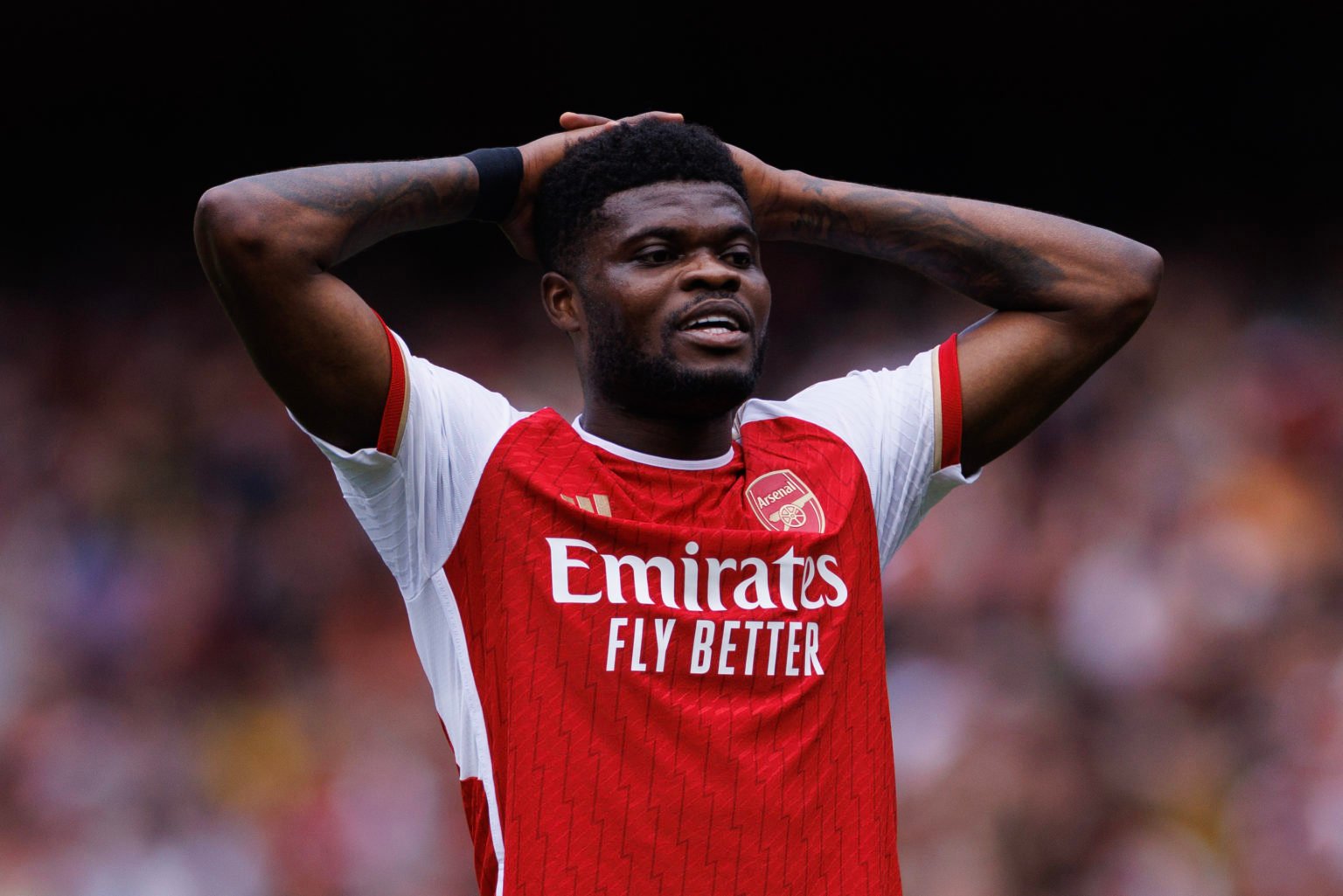 Thomas Partey of Arsenal looks dejected during the Premier League match between Arsenal FC and AFC Bournemouth at Emirates Stadium on May 04, 2024 ...