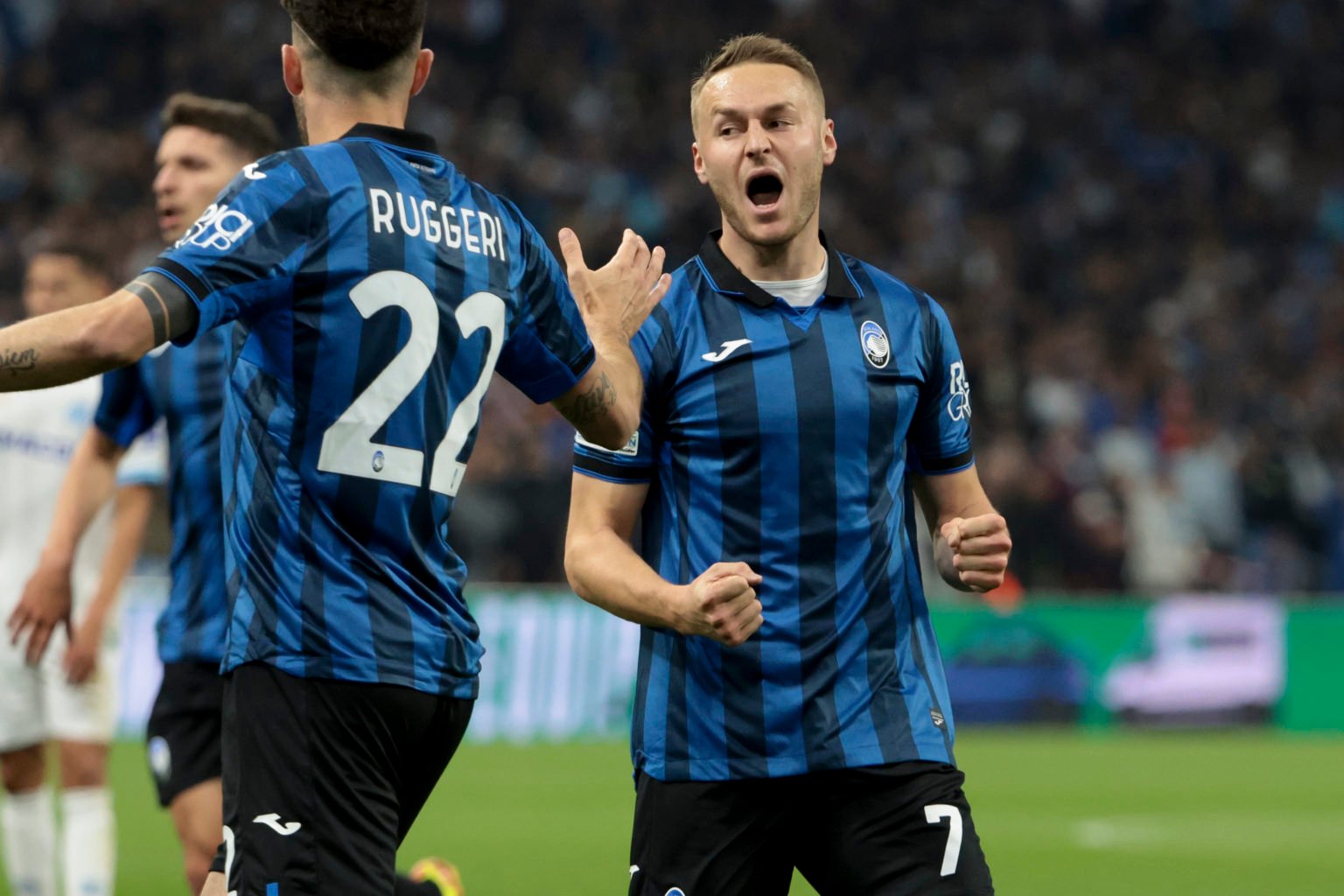 Teun Koopmeiners of Atalanta  celebrates the goal of Gianluca Scamacca of Atalanta (not pictured) during the UEFA Europa League 2023/24 Semi-Final ...