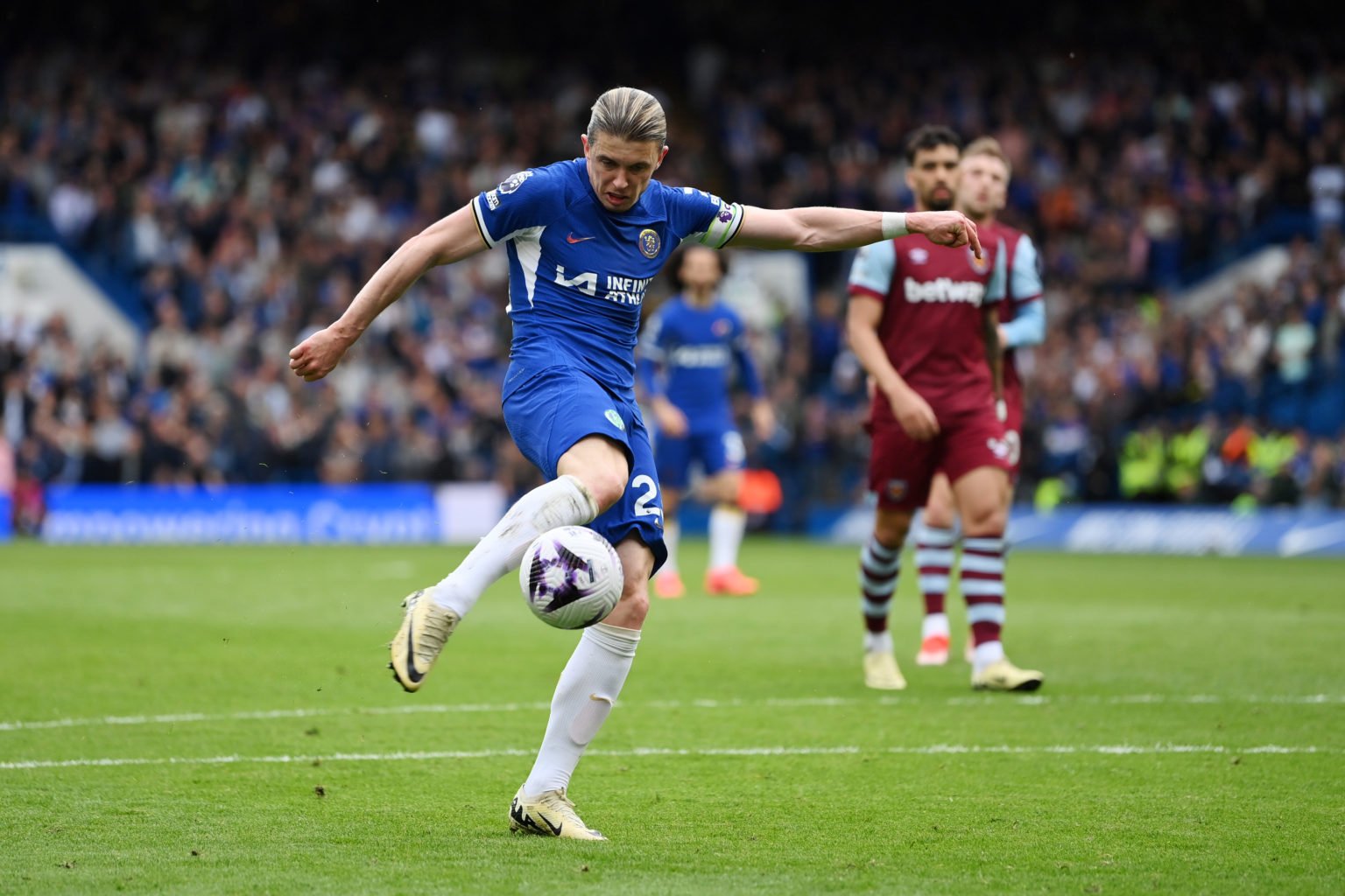 Conor Gallagher of Chelsea scores his team's second goal during the Premier League match between Chelsea FC and West Ham United at Stamford Bridge ...