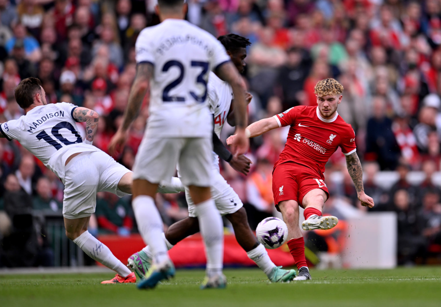 (THE SUN OUT, THE SUN ON SUNDAY OUT) Harvey Elliott of Liverpool during the Premier League match between Liverpool FC and Tottenham Hotspur at Anfi...