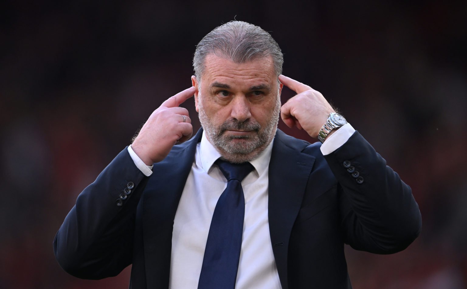 Ange Postecoglou, Manager of Tottenham Hotspur, gestures to the Spurs fans following the Premier League match between Liverpool FC and Tottenham Ho...