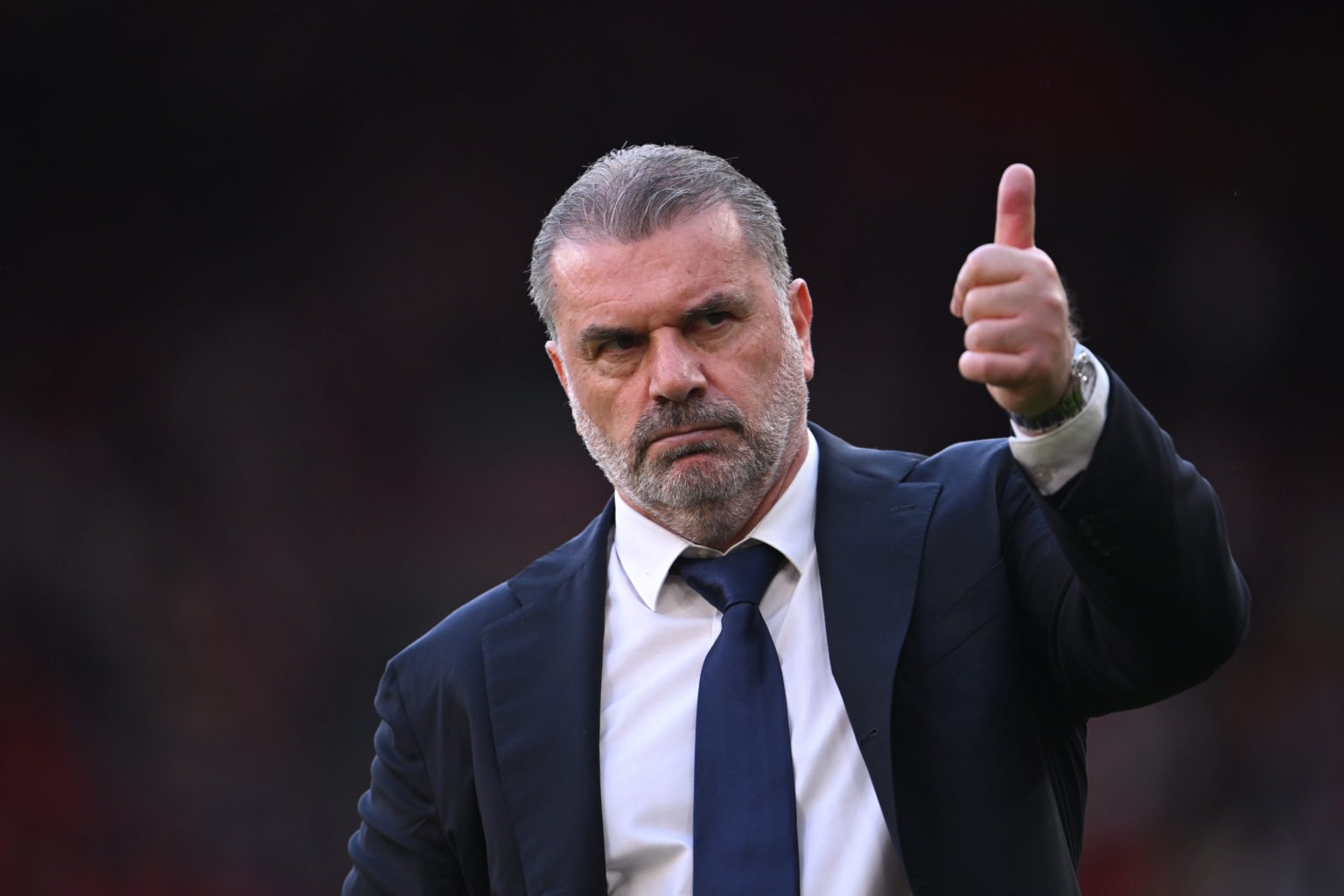 Ange Postecoglou, Manager of Tottenham Hotspur, gestures to the Spurs fans following the Premier League match between Liverpool FC and Tottenham Ho...