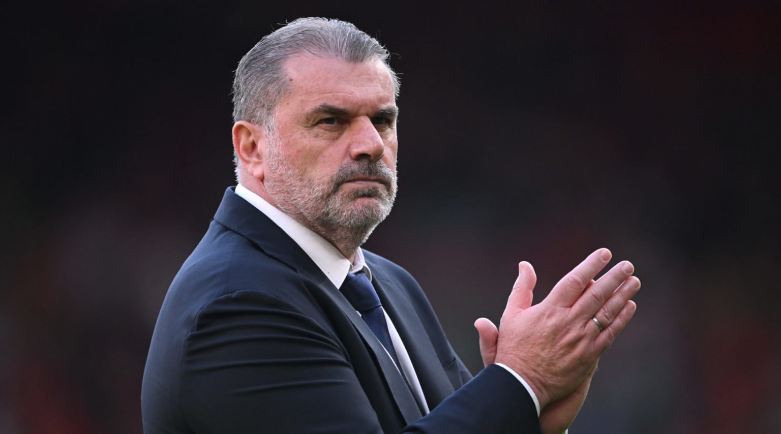 Ange Postecoglou, Manager of Tottenham Hotspur, gestures to the Spurs fans following the Premier League match between Liverpool FC and Tottenham Ho...