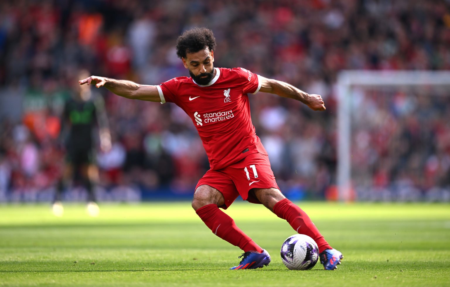 Mohamed Salah of Liverpool in action during the Premier League match between Liverpool FC and Tottenham Hotspur at Anfield on May 05, 2024 in Liver...