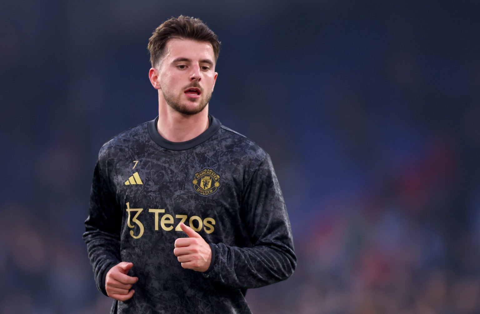 Mason Mount of Manchester United warms up ahead of the Premier League match between Crystal Palace and Manchester United at Selhurst Park on May 06...