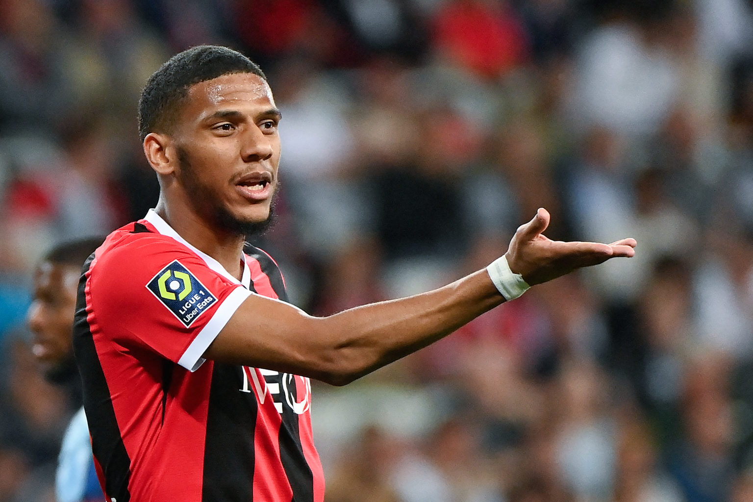 Nice's French defender #06 Jean-Clair Todibo reacts during the French L1 football match between OGC Nice and Le Havre AC at the Allianz Riviera Sta...