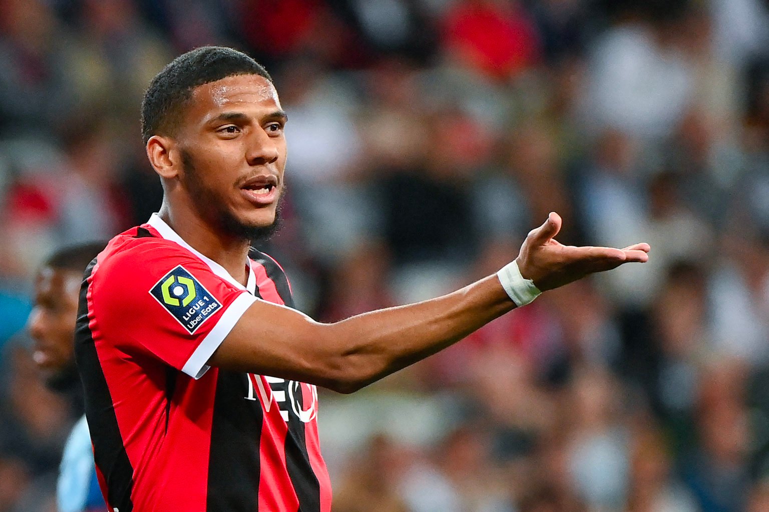 Nice's French defender #06 Jean-Clair Todibo reacts during the French L1 football match between OGC Nice and Le Havre AC at the Allianz Riviera Sta...