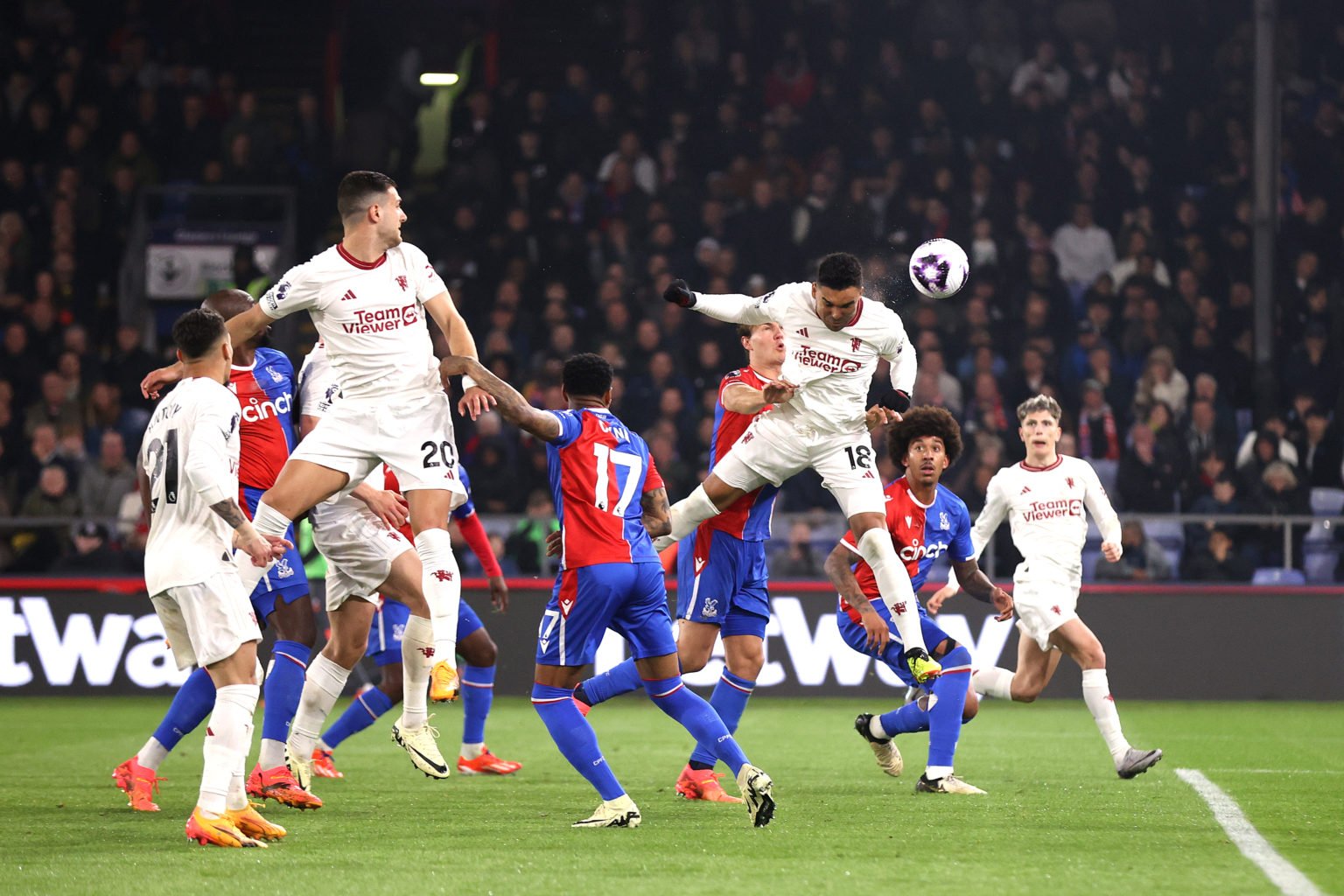 Casemiro of Manchester United scores a goal which is later disallowed for offside during the Premier League match between Crystal Palace and Manche...