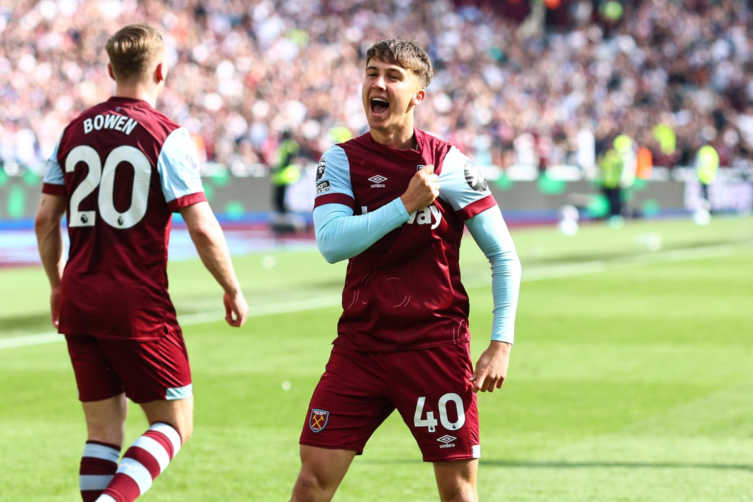 George Earthy of West Ham celebrates scoring their 3rd goal during the Premier League match between West Ham United and Luton Town at London Stadiu...