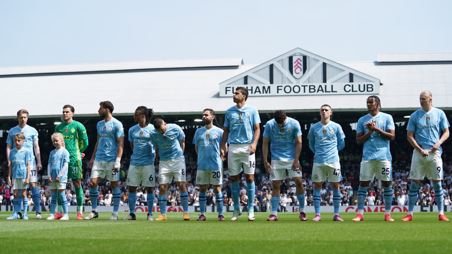 Manchester City players line up prior to kick off  during the Premier League match between Fulham FC and Manchester City at Craven Cottage on May 1...