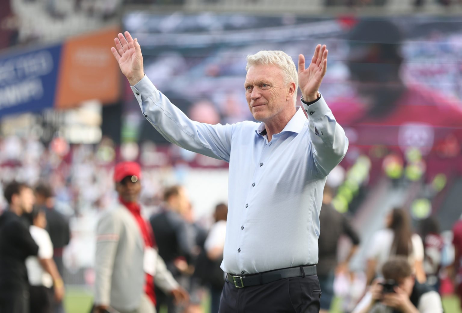 West Ham United manager David Moyes acknowledges the West Ham fans during the Premier League match between West Ham United and Luton Town at London...