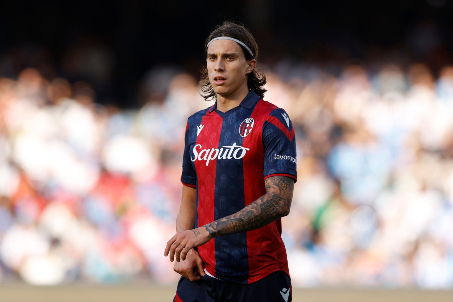 Riccardo Calafiori of Bologna FC looks on during the Serie A TIM match between SSC Napoli and Bologna FC at Stadio Diego Armando Maradona on May 11...