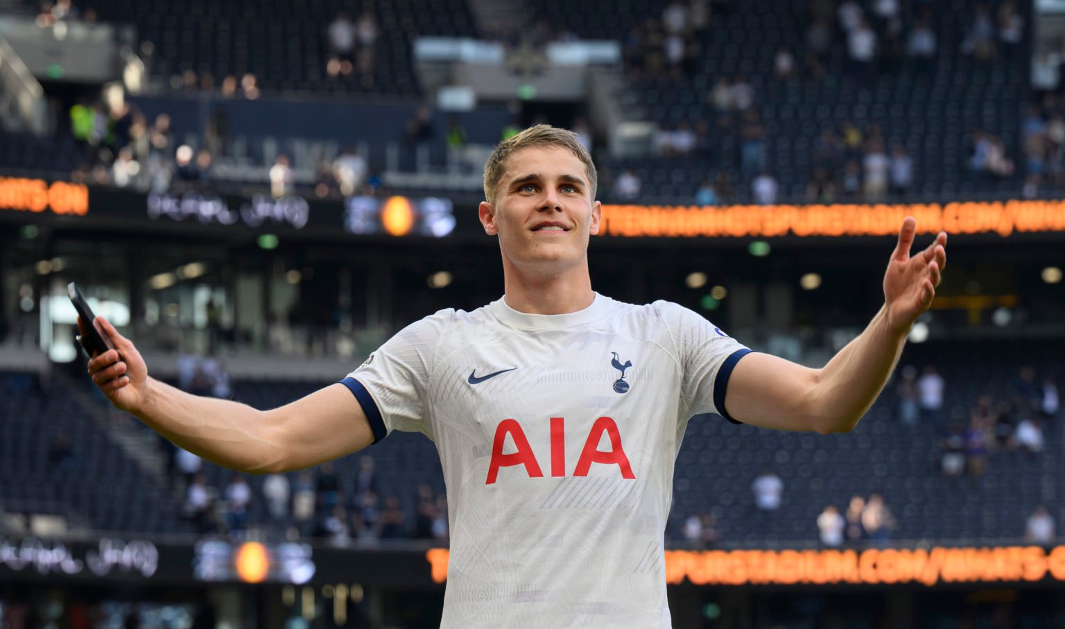 Tottenham Hotspur's Micky van de Ven applauds the fans at the final whistle during the Premier League match between Tottenham Hotspur and Burnley F...