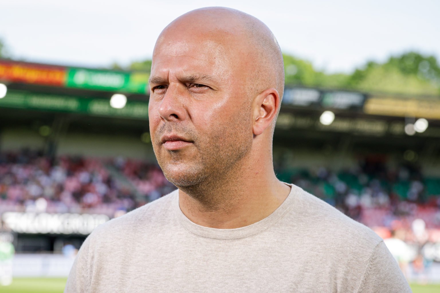 head coach Arne Slot of Feyenoord during the pre-game interview during the Dutch Eredivisie match between NEC Nijmegen and Feyenoord at Goffertstad...