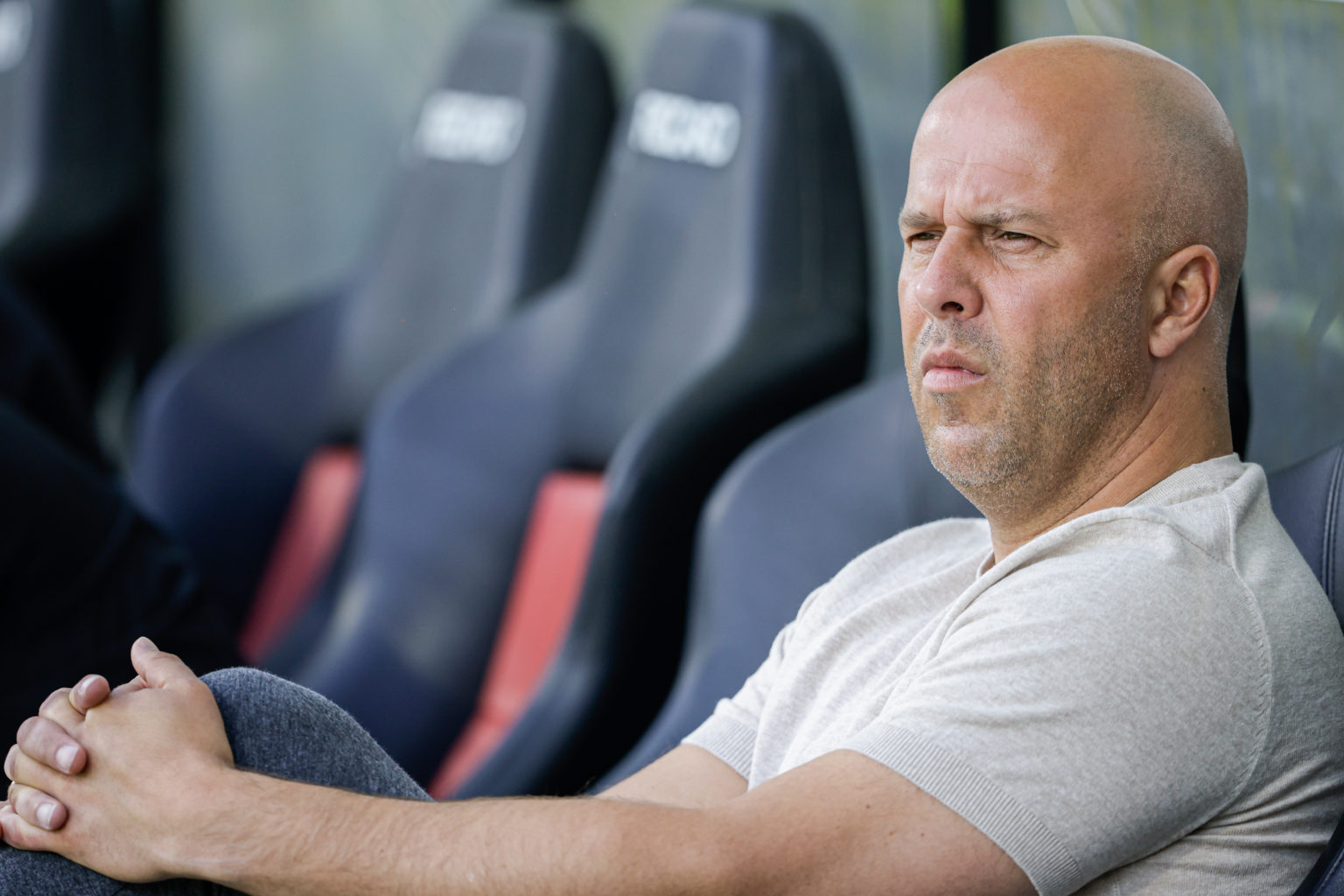 head coach Arne Slot of Feyenoord  looks up during the Dutch Eredivisie match between NEC Nijmegen and Feyenoord at Goffertstadion on May 12, 2024 ...