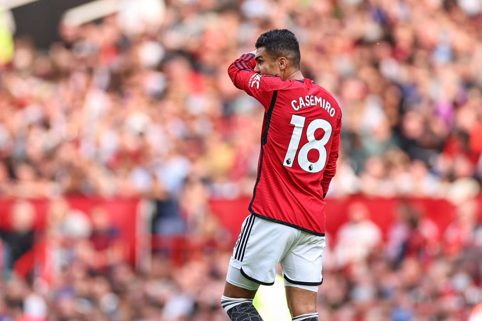 Casemiro of Manchester United reacts during the Premier League match between Manchester United and Arsenal FC at Old Trafford on May 12, 2024 in Ma...