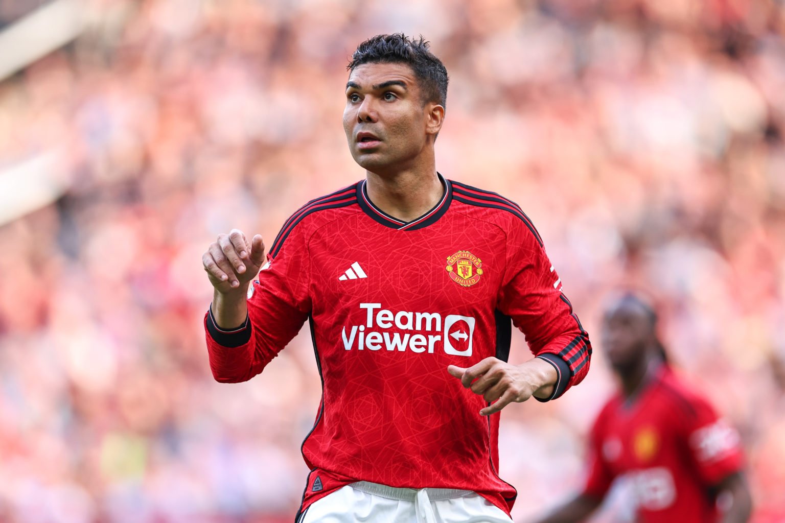 Casemiro of Manchester United during the Premier League match between Manchester United and Arsenal FC at Old Trafford on May 12, 2024 in Mancheste...