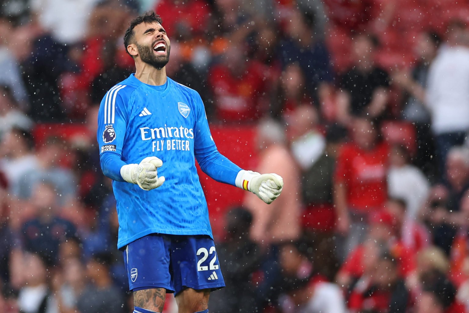 David Raya of Arsenal celebrates his teams 0-1 win at full time during the Premier League match between Manchester United and Arsenal FC at Old Tra...