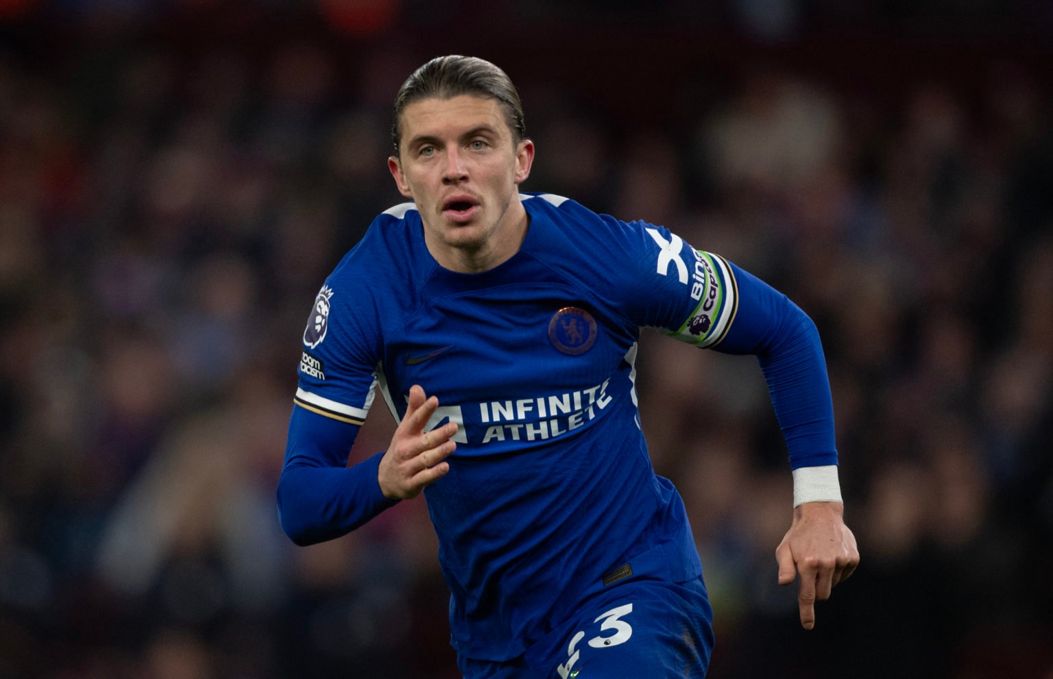 Conor Gallagher of Chelsea in action during the Premier League match between Aston Villa and Chelsea FC at Villa Park on April 27, 2024 in Birmingh...