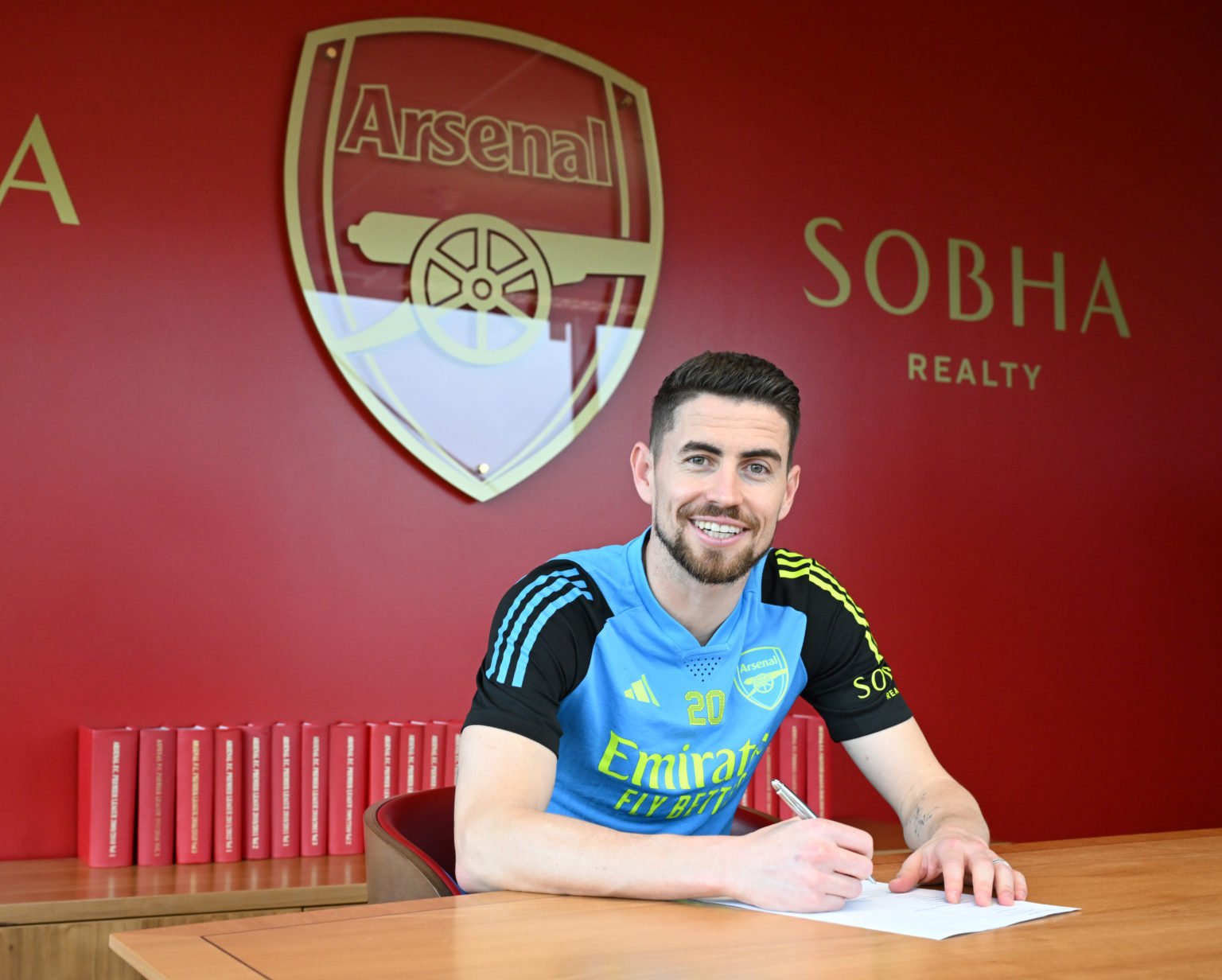 Jorginho signs a contract extension at Arsenal FC at Sobha Realty Training Centre on May 09, 2024 in London Colney, England.