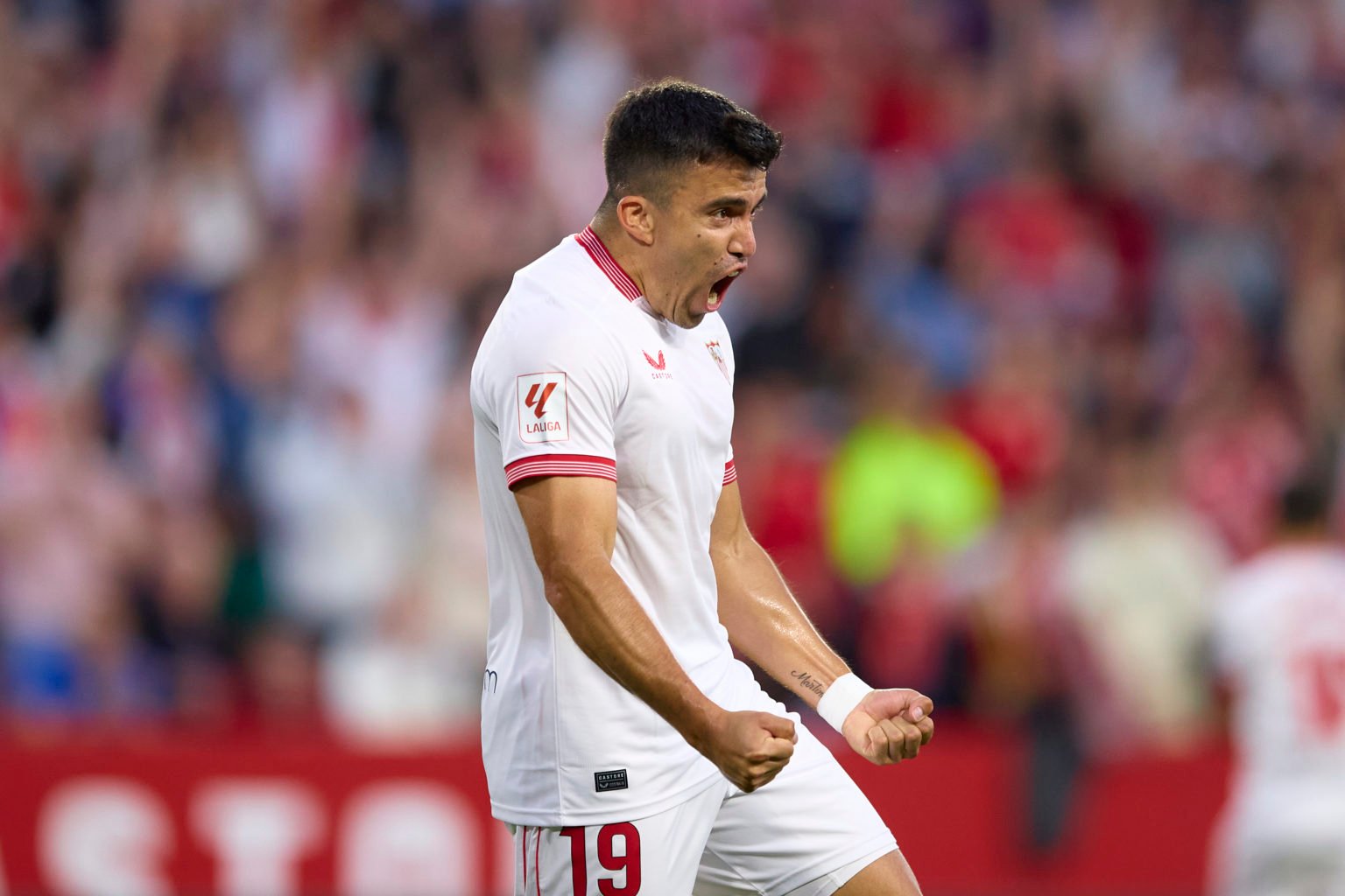 Marcos Acuna of Sevilla FC celebrates after scoring the teams first goal during the LaLiga EA Sports match between Sevilla FC and Granada CF at Est...