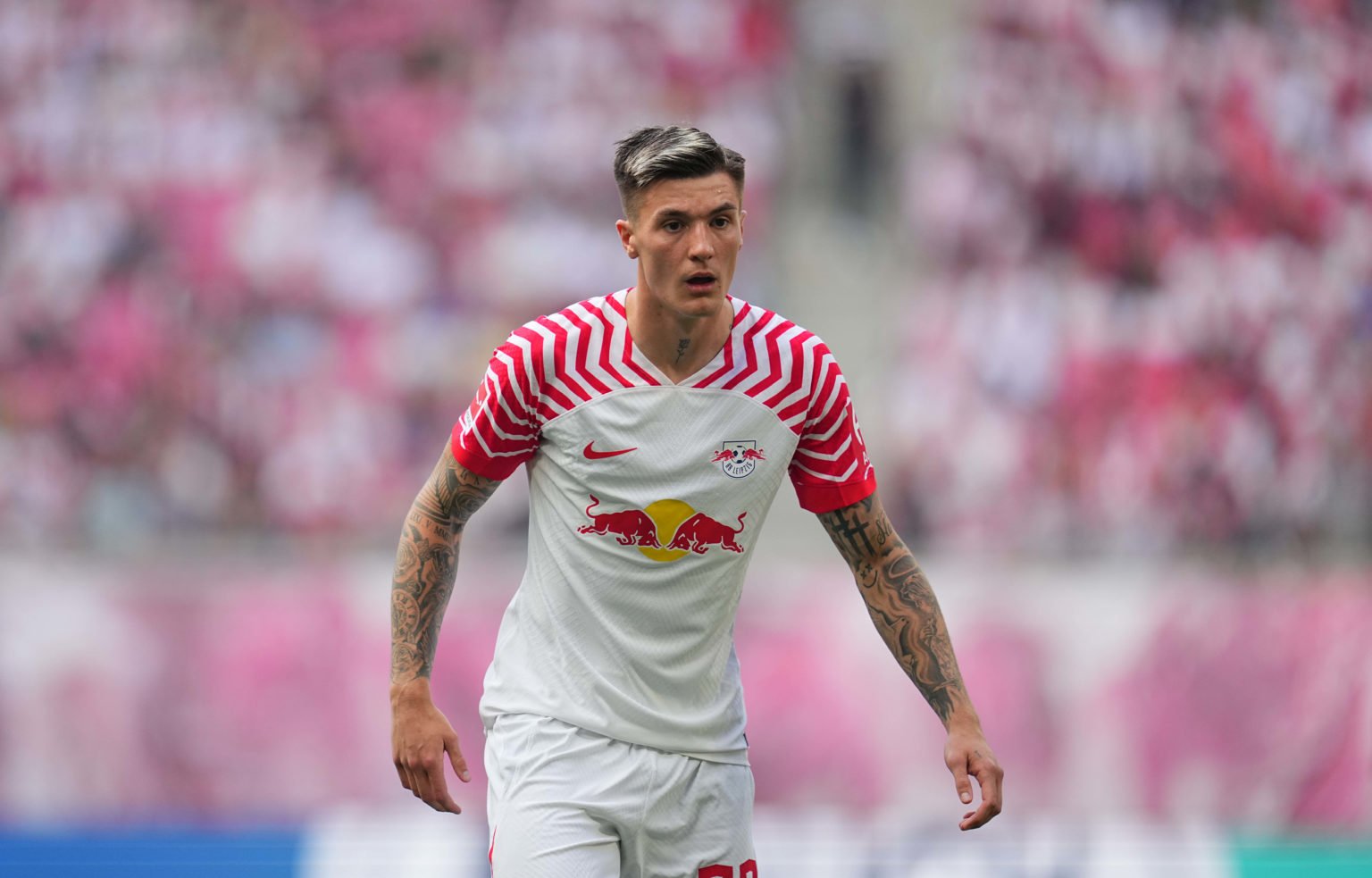 Benjamin Sesko of RB Leipzig looks on during the Bundesliga match between RB Leipzig and SV Werder Bremen at Red Bull Arena on May 11, 2024 in Leip...