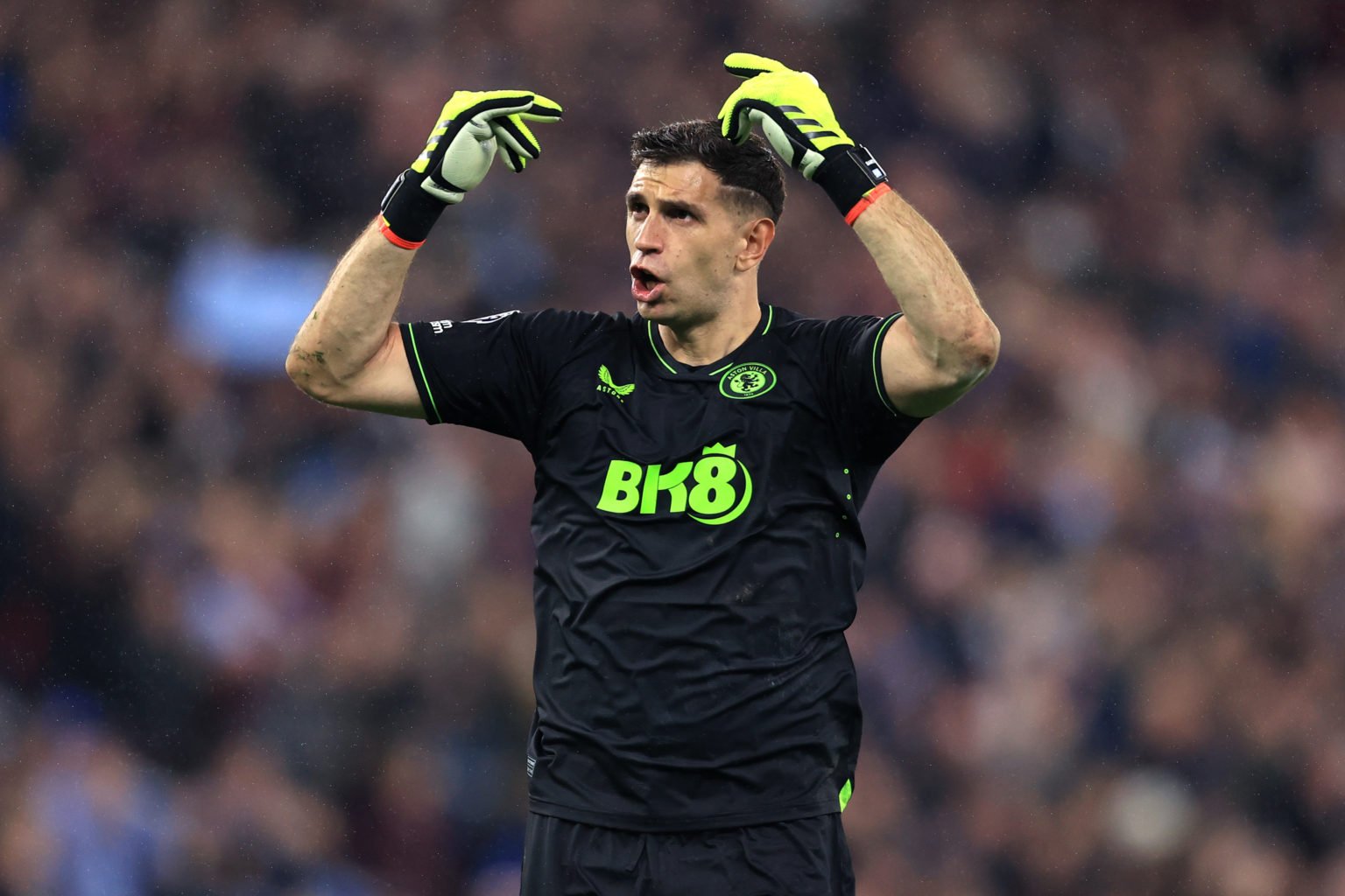 Aston Villa goalkeeper Emiliano Martinez during the Premier League match between Aston Villa and Liverpool FC at Villa Park on May 13, 2024 in Birm...