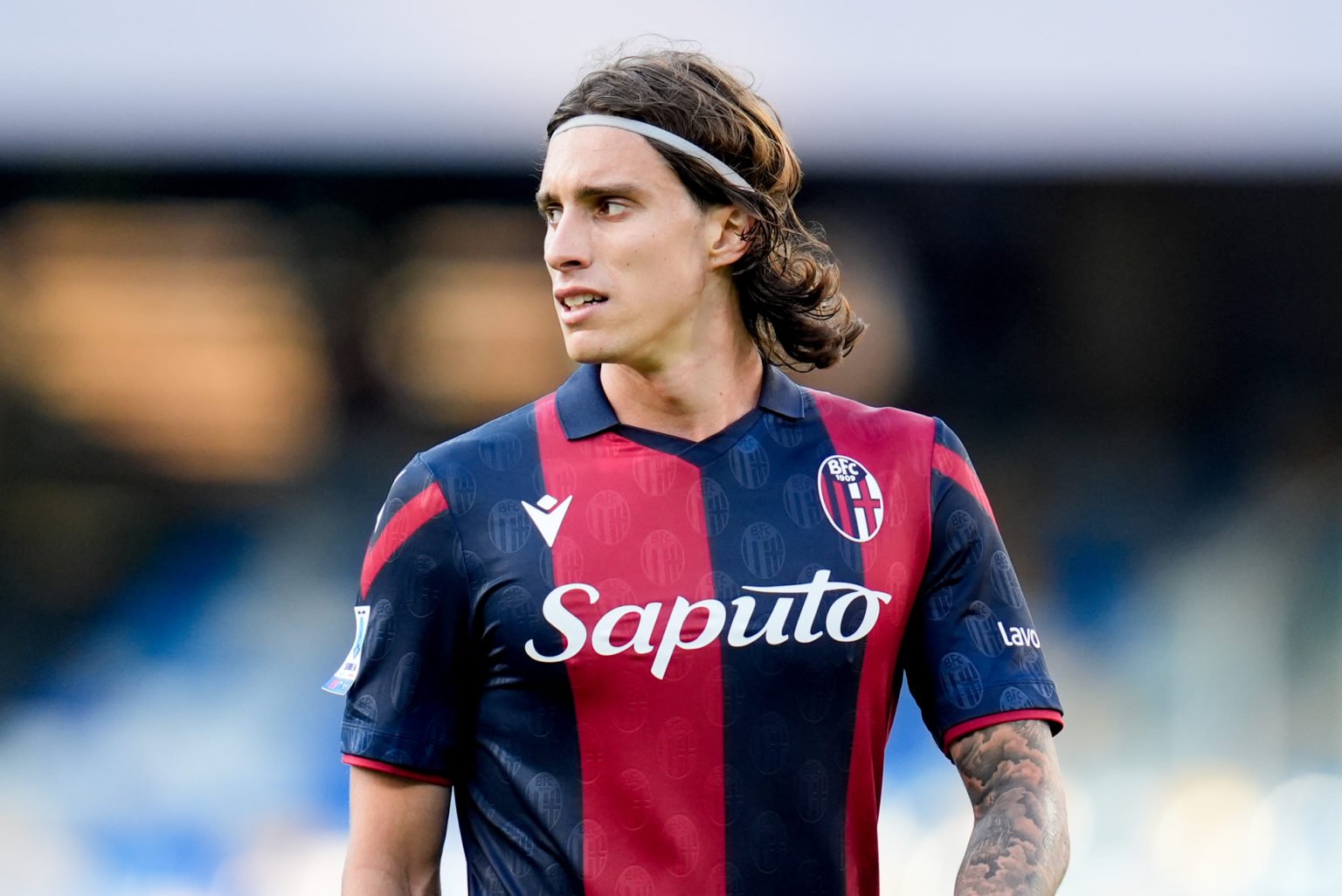 Riccardo Calafiori of Bologna FC looks on during the serie A TIM match between SSC Napoli and Bologna FC at Stadio Diego Armando Maradona on May 11...