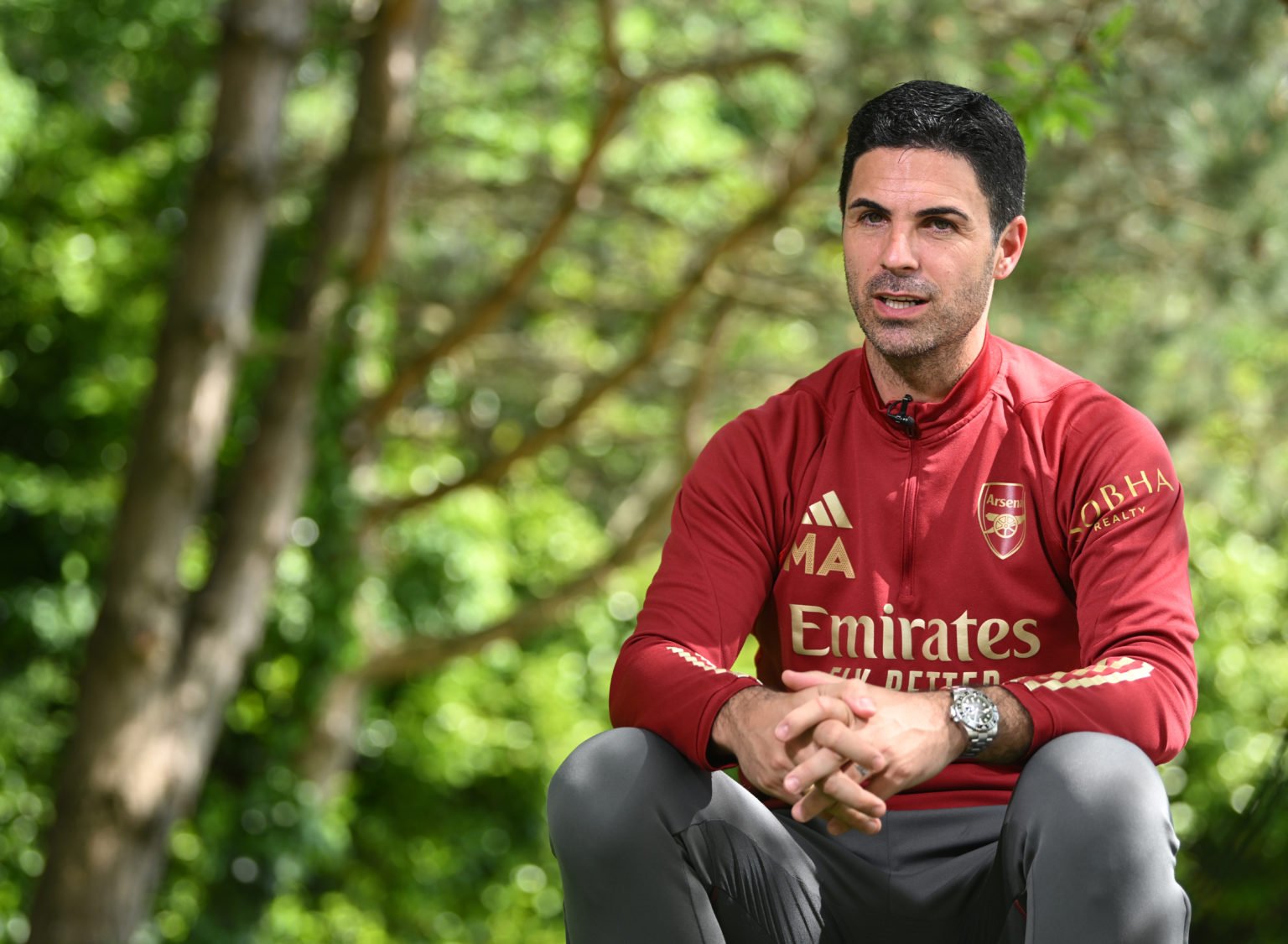 Arsenal manager Mikel Arteta speaks to the media at Sobha Realty Training Centre on May 10, 2024 in London Colney, England.