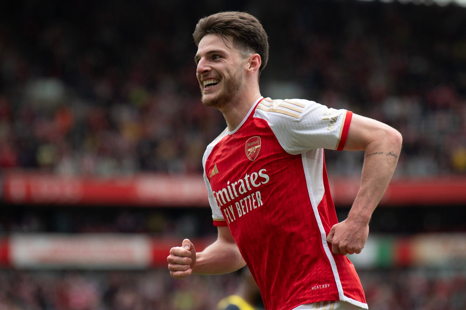 Declan Rice of Arsenal celebrates hid goal during the Premier League match between Arsenal FC and AFC Bournemouth at Emirates Stadium on May 04, 20...