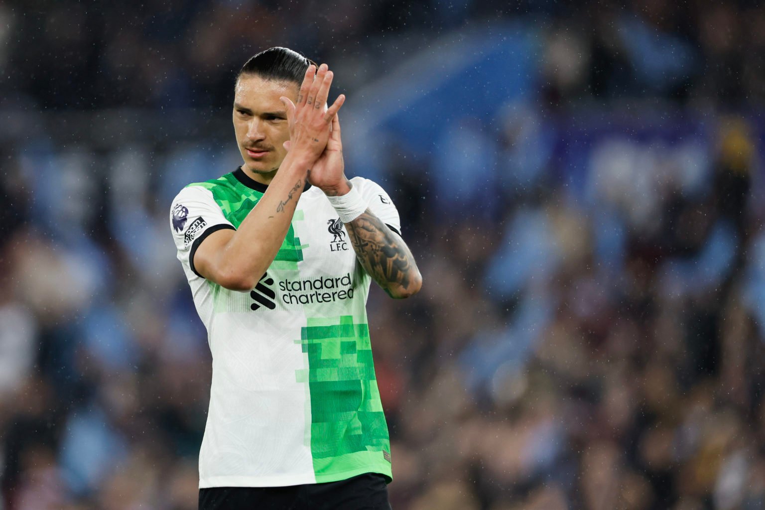 Darwin Nunez of Liverpool during the Premier League match between Aston Villa and Liverpool FC at Villa Park on May 13, 2024 in Birmingham, England.