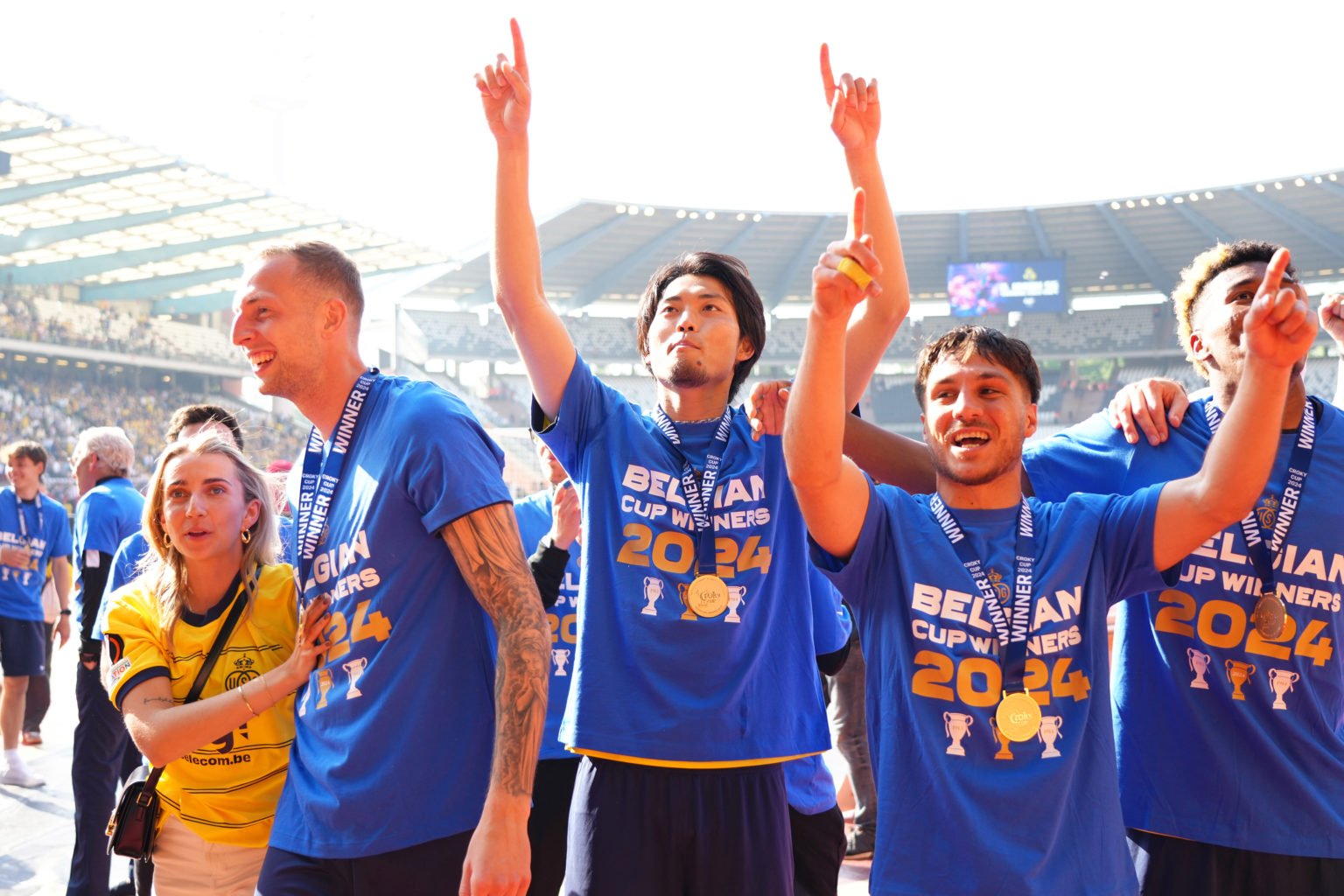 Koki Machida of Royale Union Saint-Gilloise celebrates after beating after winning the Belgium Croky Cup Final at Stade Joseph Marien on May 09, 20...