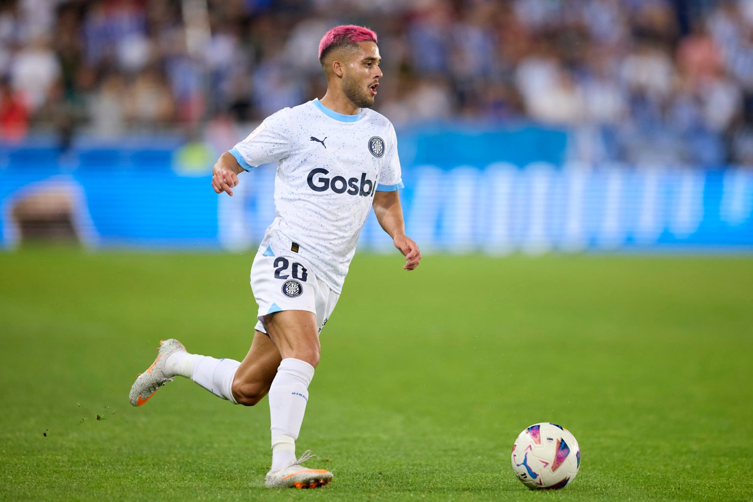 Yan Couto of Girona FC with the ball during the LaLiga EA Sports match between Deportivo Alaves and Girona FC at Estadio de Mendizorroza on May 10,...