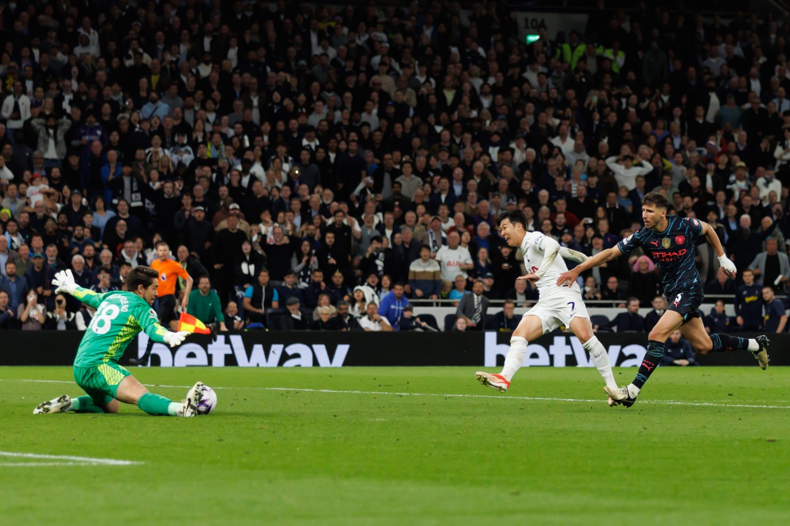 Steffan Ortega of Manchester City saves from Son Heung-min of Tottenham Hotspur with the score a 0-1 during the Premier League match between Totten...