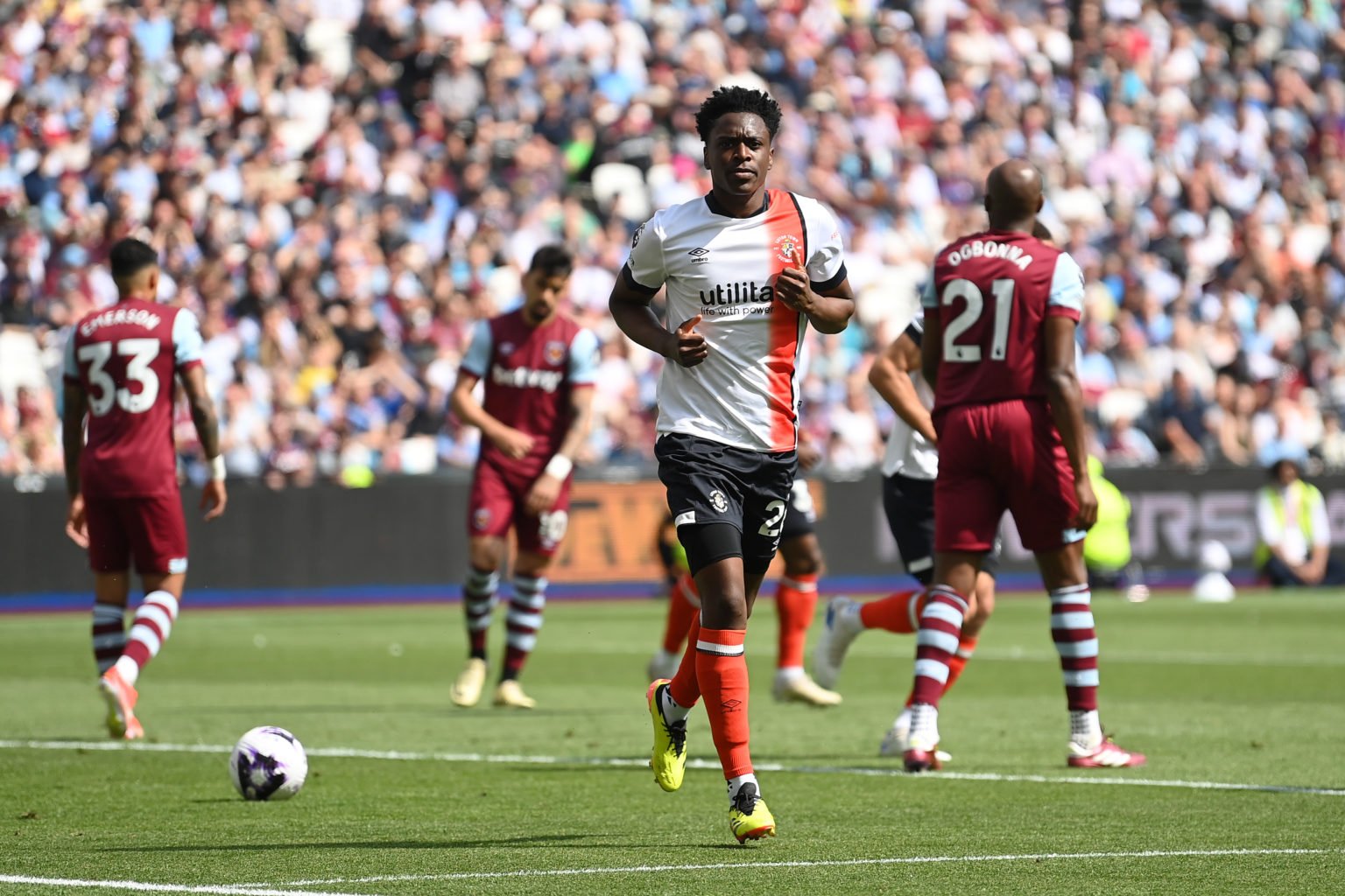 Albert Sambi Lokonga of Luton Town celebrates scoring his team's first goal during the Premier League match between West Ham United and Luton Town ...