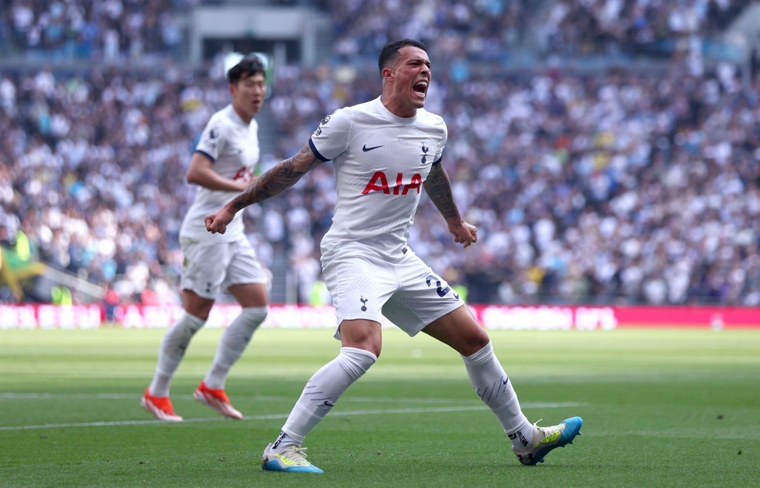 Pedro Porro of Tottenham Hotspur celebrates scoring their teams first goal during the Premier League match between Tottenham Hotspur and Burnley FC...