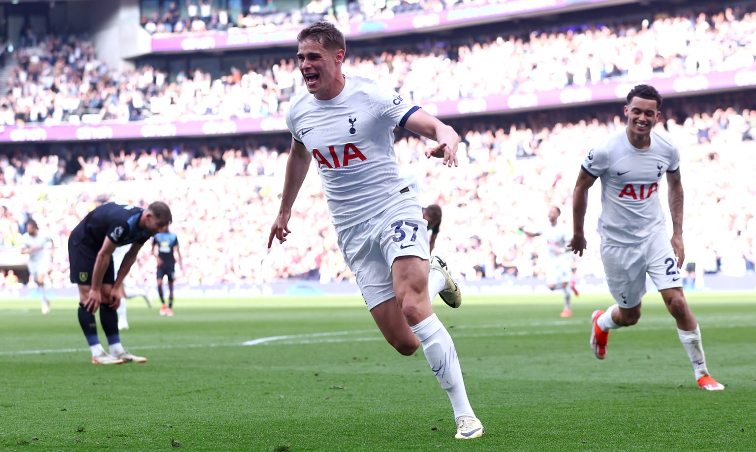 Micky van de Ven of Tottenham Hotspur celebrates scoring their teams second goal during the Premier League match between Tottenham Hotspur and Burn...