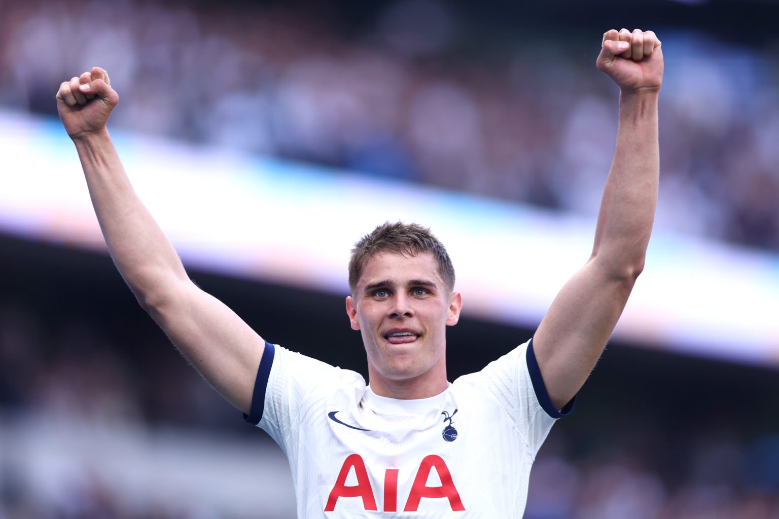 Micky van de Ven of Tottenham Hotspur celebrates scoring their teams second goal during the Premier League match between Tottenham Hotspur and Burn...