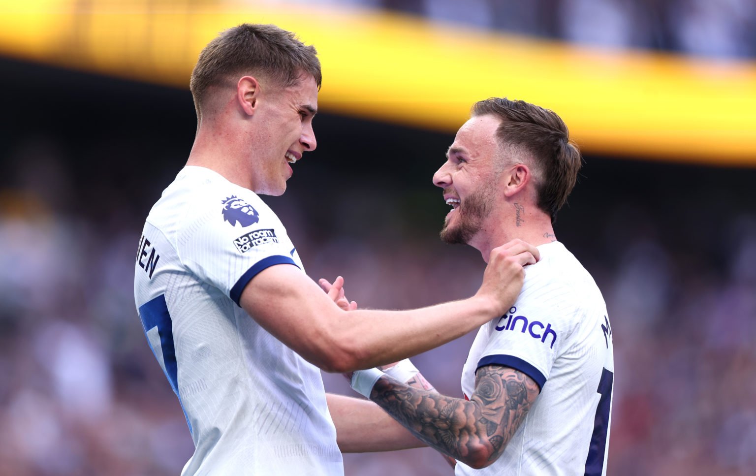 Micky van de Ven of Tottenham Hotspur celebrates scoring their teams second goal with James Maddison of Tottenham Hotspur during the Premier League...