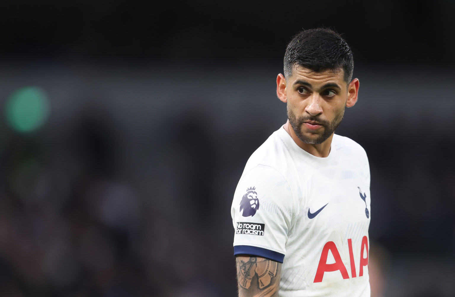 Tottenham Hotspur's Cristian Romero during the Premier League match between Tottenham Hotspur and Manchester City at Tottenham Hotspur Stadium on M...