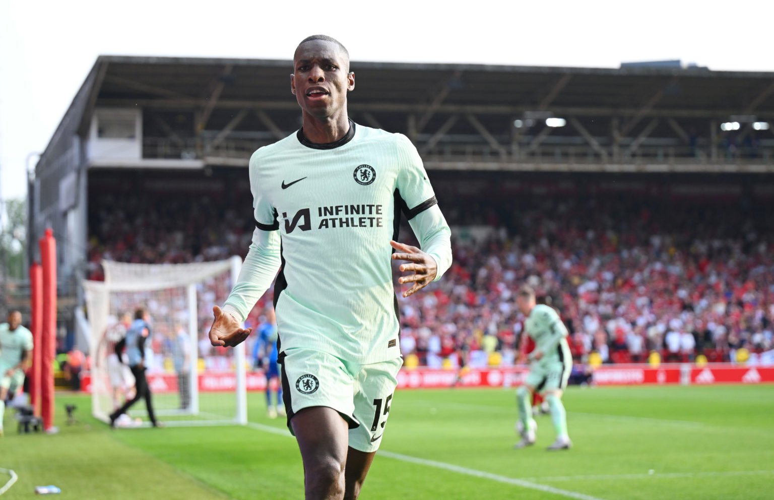 Nicolas Jackson of Chelsea celebrates scoring his winning goal during the Premier League match between Nottingham Forest and Chelsea FC at City Gro...