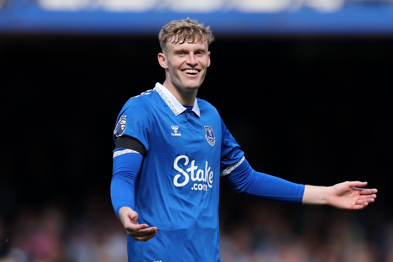 Jarrad Branthwaite of Everton reacts during the Premier League match between Everton FC and Sheffield United at Goodison Park on May 11, 2024 in Li...