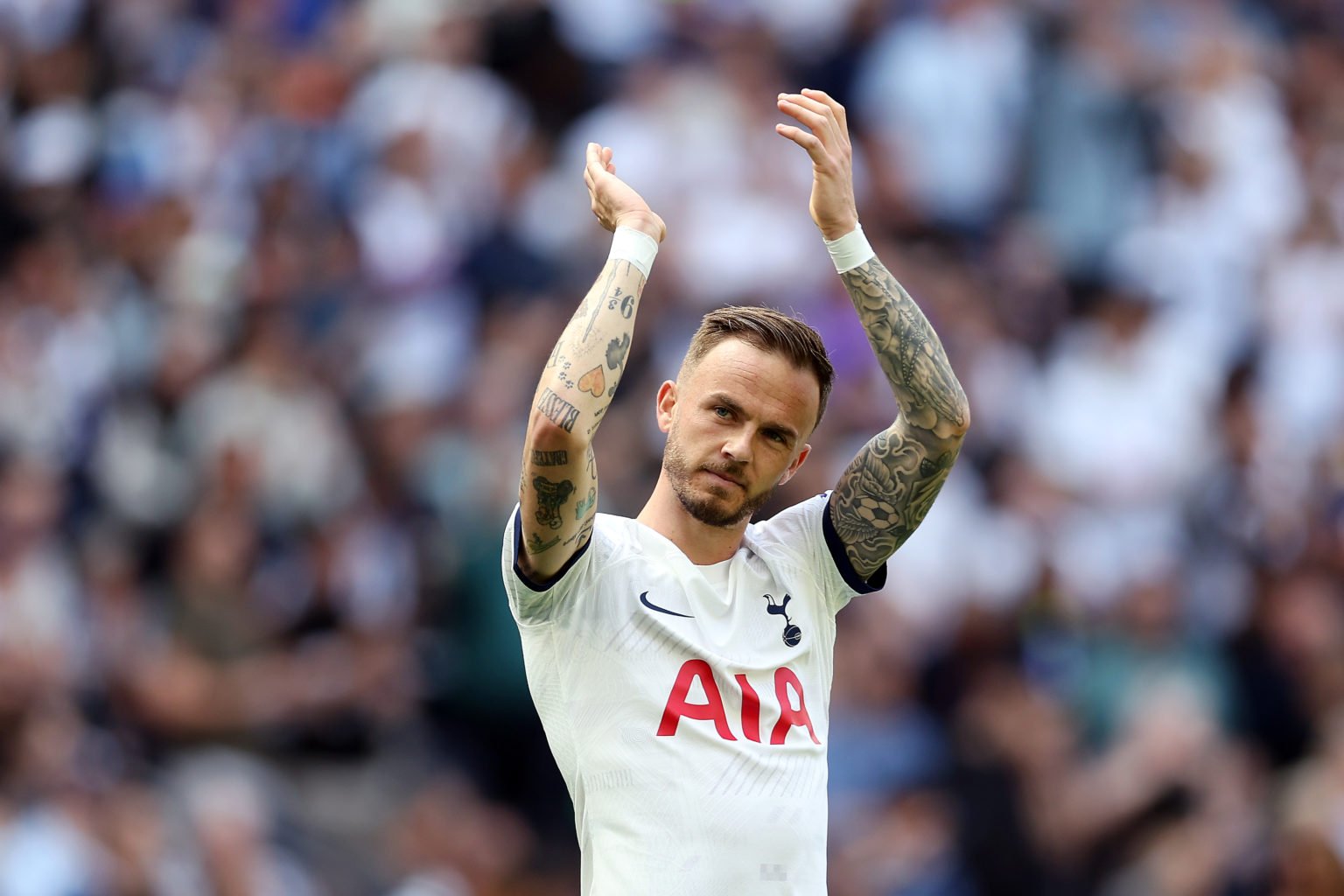 James Maddison of Tottenham Hotspur acknowledges the fans during the Premier League match between Tottenham Hotspur and Burnley FC at Tottenham Hot...