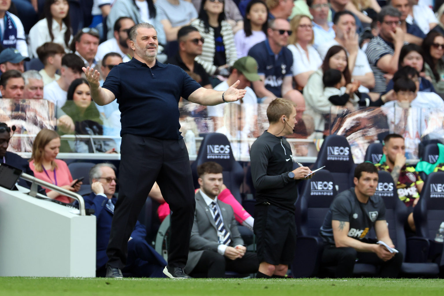 Ange Postecoglou, Manager of Tottenham Hotspur, looks on during the Premier League match between Tottenham Hotspur and Burnley FC at Tottenham Hots...