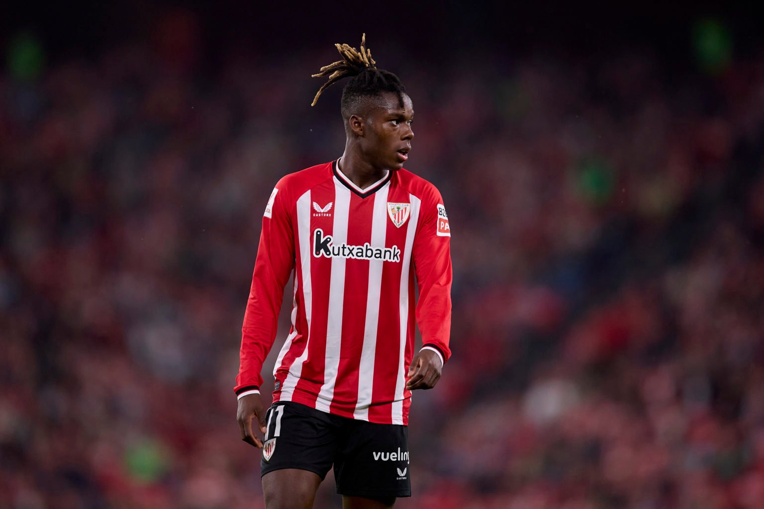 Nico Williams of Athletic Club looks on during the LaLiga EA Sports match between Athletic Club and CA Osasuna at Estadio de San Mames on May 11, 2...