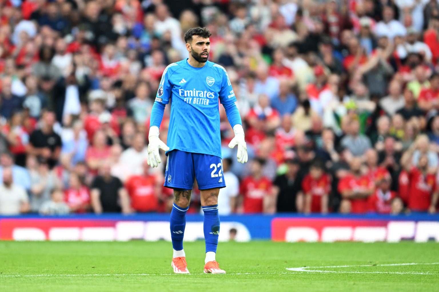 David Raya of Arsenal looks on during the Premier League match between Manchester United and Arsenal FC at Old Trafford on May 12, 2024 in Manchest...