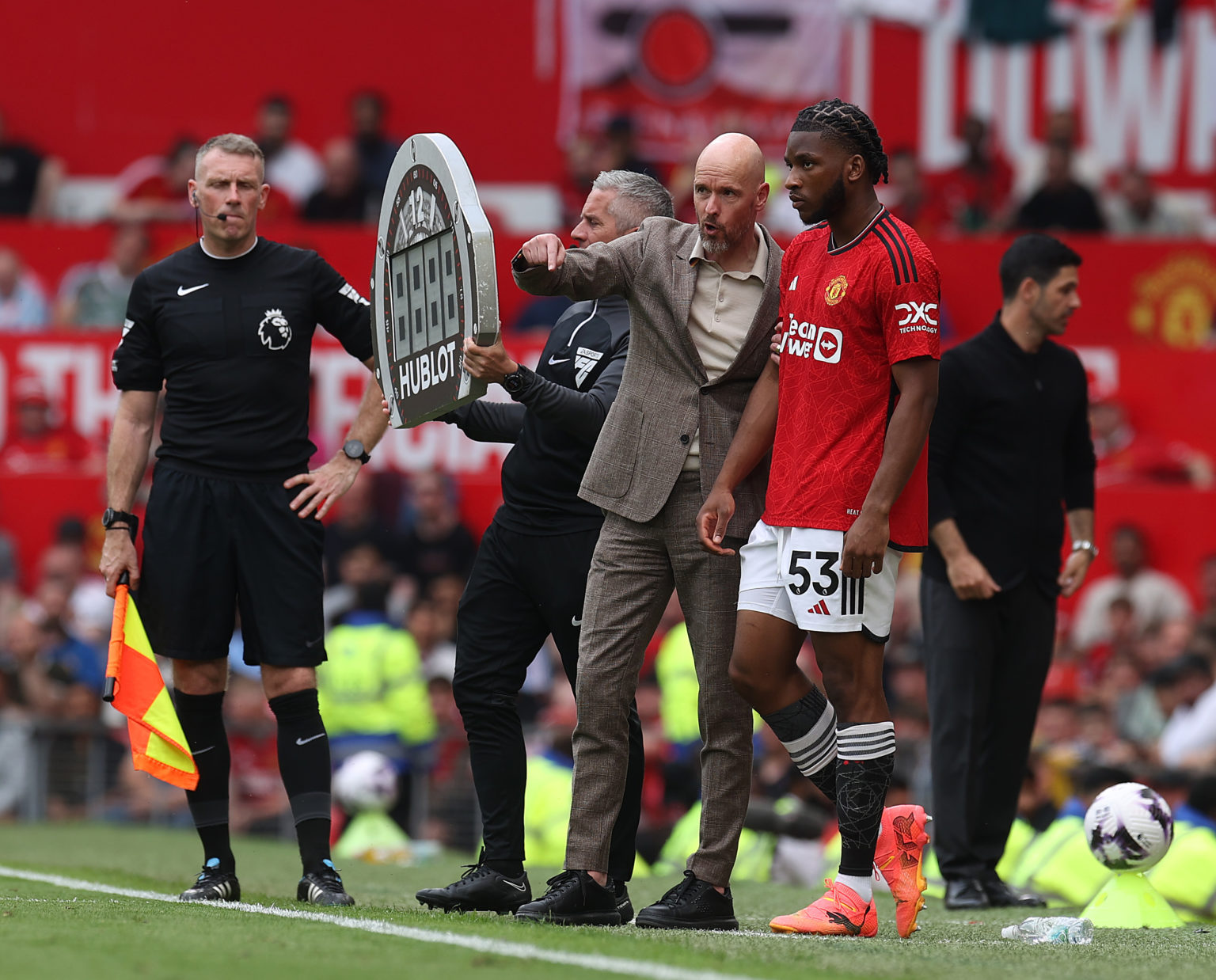 Willy Kambwala of Manchester United comes on as a substitute during the Premier League match between Manchester United and Arsenal FC at Old Traffo...