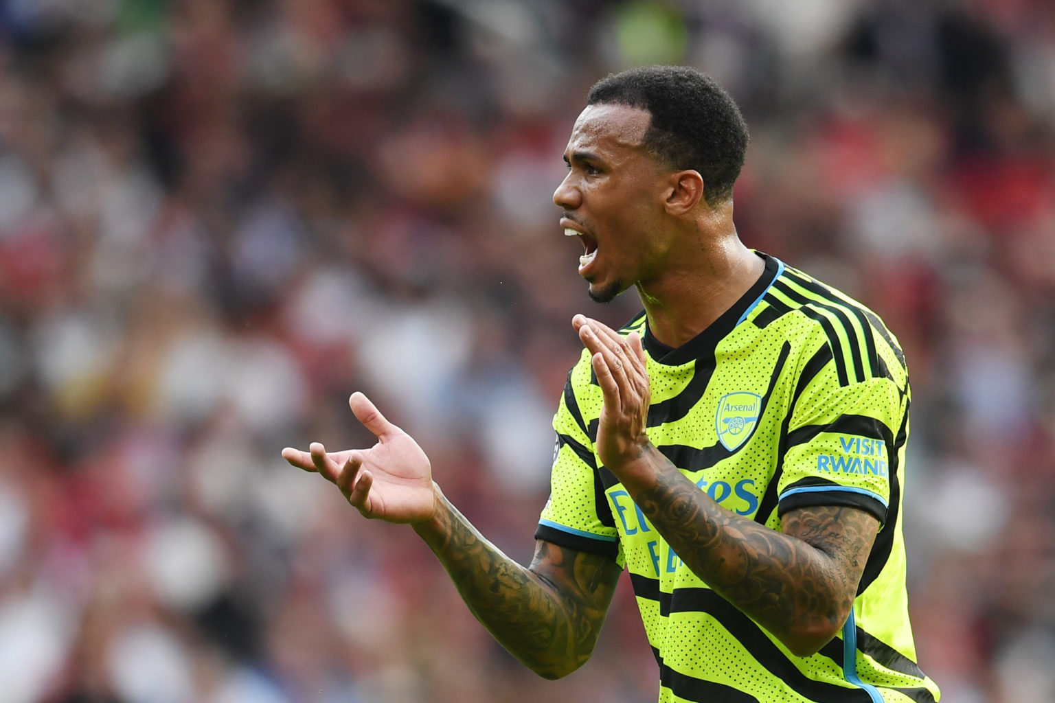 Gabriel of Arsenal reacts during the Premier League match between Manchester United and Arsenal FC at Old Trafford on May 12, 2024 in Manchester, E...