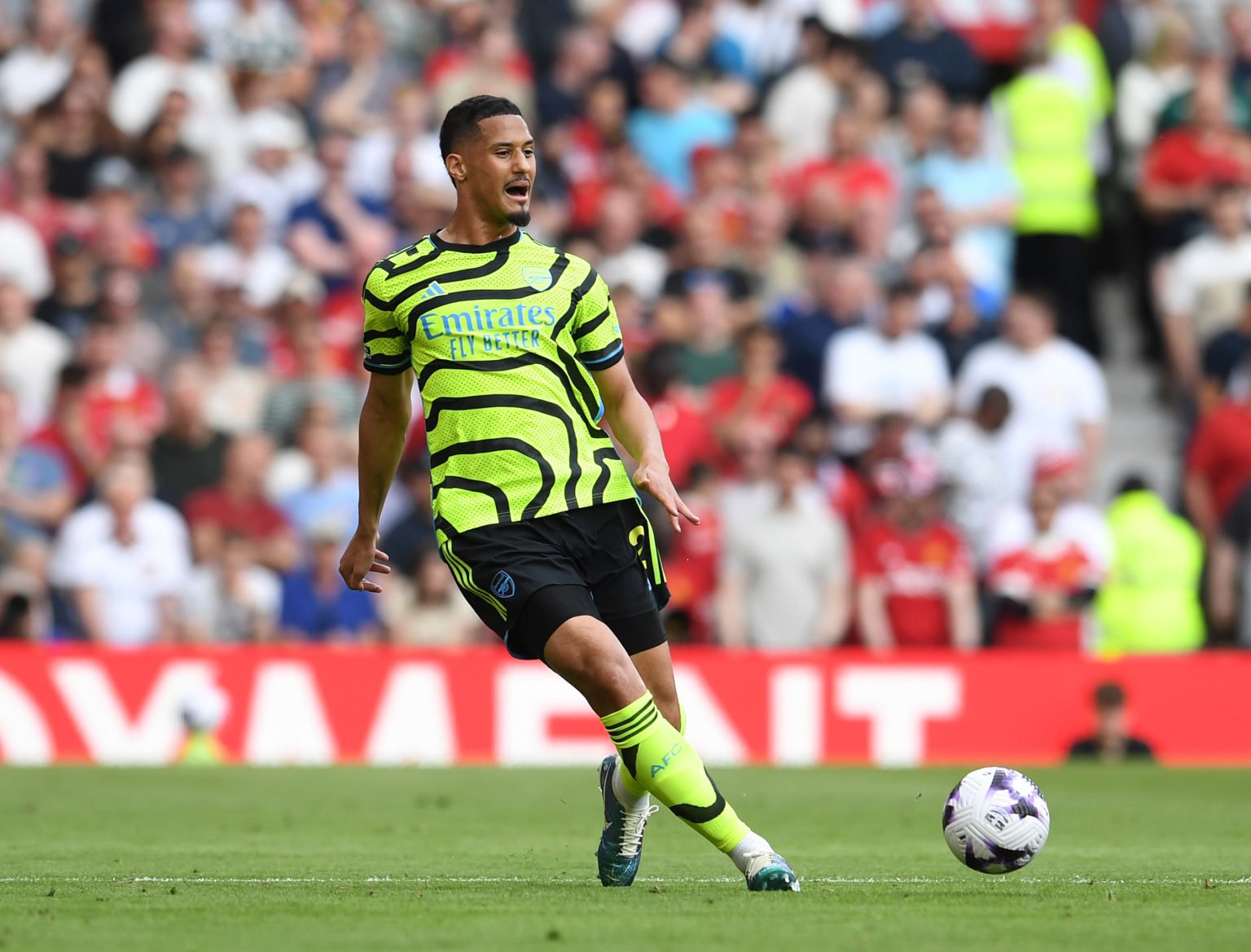 William Saliba of Arsenal during the Premier League match between Manchester United and Arsenal FC at Old Trafford on May 12, 2024 in Manchester, E...