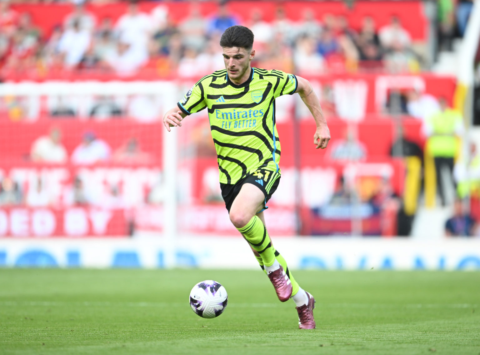 Declan Rice of Arsenal during the Premier League match between Manchester United and Arsenal FC at Old Trafford on May 12, 2024 in Manchester, Engl...